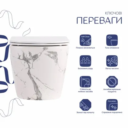 Унітаз підвісний Qtap Robin Ultra Quiet 520×365×340 мм, Marble, з сидінням Slim Duroplast / Soft-close / Quick Release QTROB26MR48998 — Photo 2