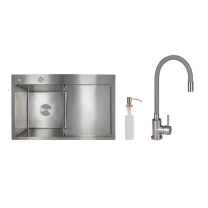 Lidz: мийка H7849R інтегрована крило справа Brushed Steel 3,0/1,0 мм + Змішувач Aria для кухні з гнучким виливом (k35) Grey
