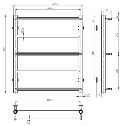 Рушникосушарка електрична Ladder П5 500х600 Deffi нержавіюча сталь (Хром, JD03, Ліве підключення) — Photo 2