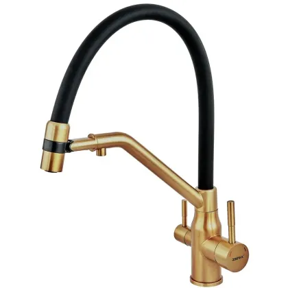 Змішувач для кухні ZERIX MAG-021 BRUSHED GOLD REFL.BLACK з силіконовим виливом, з нерж.сталі SUS304 з виходом для питної води (колір матове золото, вилив чорний) (ZX6007)