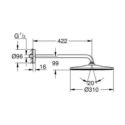 Верхній душ Grohe Rainshower 310 Mono з душовим кронштейном 422 мм, 1 режим (22121KF0) — Photo 1