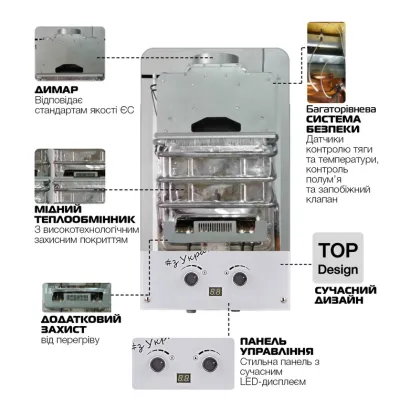 Газова колонка MIXXUS GWH-0610 BASIC GLASS димохідна 10 л/хв (панель зі скла з малюнком) (WH0027) — Photo 1