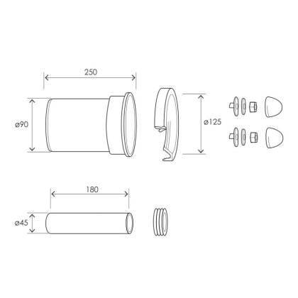 IMPRESE комплект патрубків підвісного унітазу, наливна труба Ø45 180мм, зливна труба Ø90 250мм, гайки, кришки — Photo 1