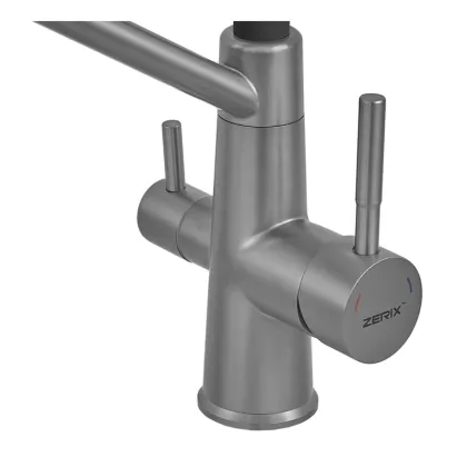 Змішувач для кухні ZERIX FUL-021 GRAPHITE REFL.BLACK з силіконовим виливом, з нерж.сталі SUS304 з виходом для питної води (колір графіт, вилив чорний) (ZX5999) — Photo 4