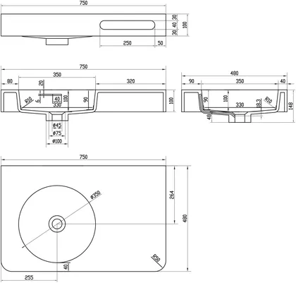 Умивальник-стільниця 75*48*14см підвісний кам&#039;яний з рушником, Solid surface — Photo 1