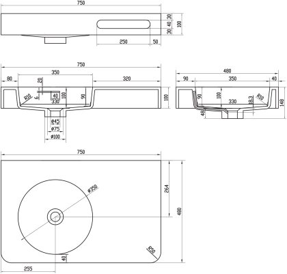 Умивальник-стільниця 75*48*14см підвісний кам&#039;яний з рушником, Solid surface — Photo 1