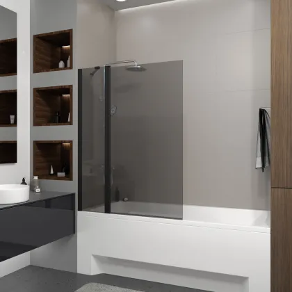 Шторка на ванну двоелементна Dakota 1100х1400мм black matt, скло 6мм europe grey — Photo 1