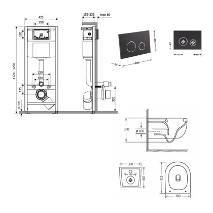 Готове рішення Qtap для ванної кімнати: підвісний унітаз Taurus Ultra Quiet 515×360×350 + комплект інсталяції Nest 4 в 1 (кругла клавіша Matt Black) — Photo 1