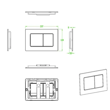 Панель змиву Koer KT-0612-02 240x160x10mm з нержавіючої сталі, кнопка квадратна SUS304 (KR6120) — Photo 2