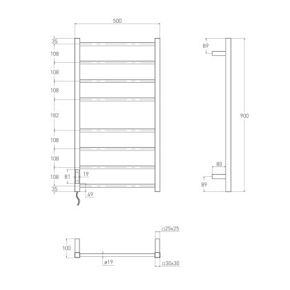 CUADRO електрична рушникосушарка L, 120W, 500*900мм, сталь 304, 8 перемичок (4-4) квадрат, таймер, термостат 70°С, blanco — Photo 1