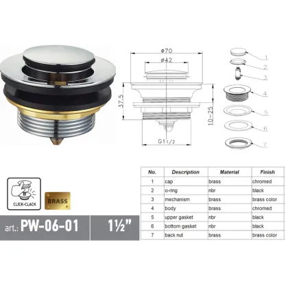Донний клапан для ванни Koer PW-06-01 1 1/2'' автоматичний СLICK-СLACK (Колір хром) (KR5799) — Photo 4