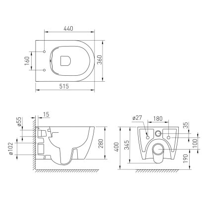 CANTE Rimless унітаз підвісний 51*35,5*33 см, сидіння Duroplast Slim slow-closing, de la antracita — Photo 1