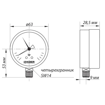 Манометр радіальний (KOER KM.621R) (0-4 bar), D 63мм, 1/4''-1/2'' (KR0206) — Photo 1
