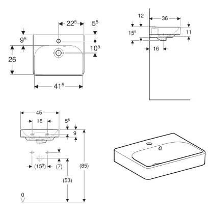 SMYLE SQUARE рукомойник 45*16*36см, с ассиметричным переливом, отв для смесителя в центре, перелив видимый — Photo 1
