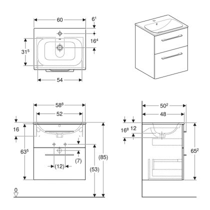 SELNOVA Square комплект: умивальник вбудований Slim Rim, з тумбою 58,8 * 50,2 см, з 2 ящиками, колір темний горіх — Photo 1