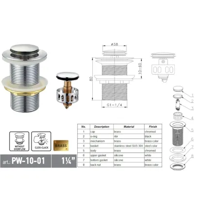 Донний клапан для раковини Koer PW-10-01 1 1/4''  без переливу автоматичний СLICK-СLACK (Колір хром) (KR5797) — Photo 1