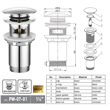 Донний клапан для раковини Koer PW-07-01 1 1/4'' з переливом автоматичний СLICK-СLACK (Колір хром) (KR5782) — Photo 4