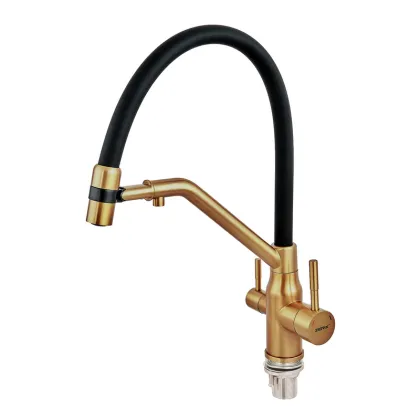 Змішувач для кухні ZERIX MAG-021 BRUSHED GOLD REFL.BLACK з силіконовим виливом, з нерж.сталі SUS304 з виходом для питної води (колір матове золото, вилив чорний) (ZX6007) — Photo 3