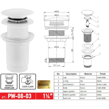 Донний клапан для раковини Koer PW-08-03 1 1/4''  без переливу автоматичнийСLICK-СLACK (Колір білий) (KR5787) — Photo 4