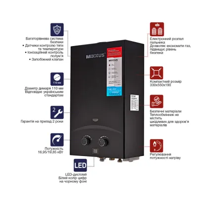 Газова колонка MIXXUS GWH-0210 BASIC BLACK димохідна 10 л/хв (колір чорний) (WH0023) — Photo 5