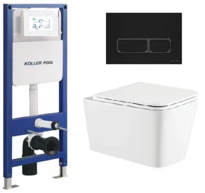 Інсталяція KollerPool AQUA LINE + EDGE Black панель змиву + підвісний унітаз KVADRO з сидінням Soft-close ( змив Tornado )