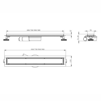 MASTER LINEA Capri лінійний трап 600мм, гідрозатвор, поворотний сифон, патрубок Ø40/50, з перфорованою решіткою, cepillado cromo — Photo 1