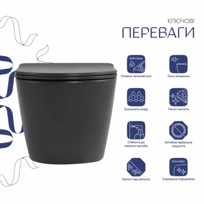 Унітаз підвісний Qtap Robin Ultra Quiet 520×365×340 мм, Anthracite, з сидінням Slim Duroplast / Soft-close / Quick Release QTROB26AN48995 — Photo 2