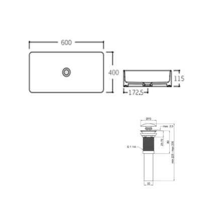 Комплект Qtap Tern: Раковина накладна прамокутна 600x405x110 мм WHITE + Донний клапан PU02 — Photo 1