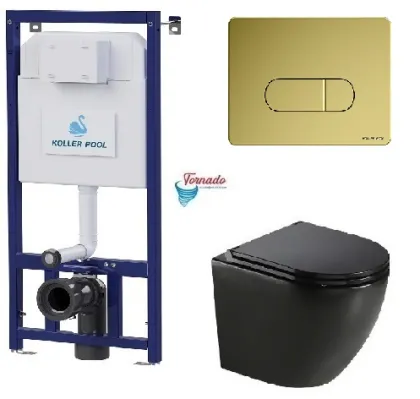 Інсталяція Koller Pool Dune 1200SL + Orion Cosmo Gold панель змиву + підвісний унітаз ROUND Black matt з сидінням Soft-close (змив Торнадо)