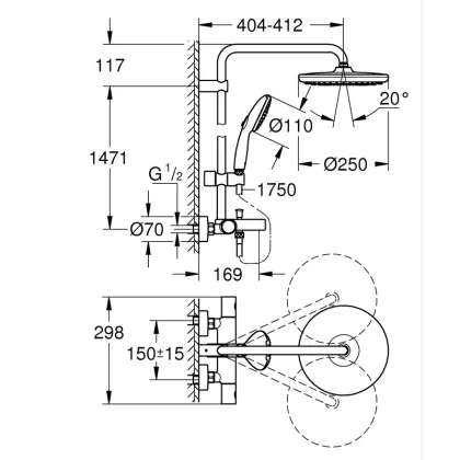 Душова система настінного монтажу Grohe Tempesta System 250 з термостатом для ванни (26672001) — Photo 2