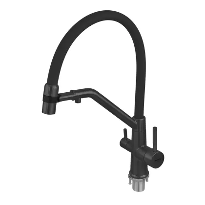 Змішувач для кухні ZERIX MAG-021 BLACK REFL.BLACK з силіконовим виливом, з нерж.сталі SUS304 з виходом для питної води (колір графіт, вилив сірий) (ZX6006)
