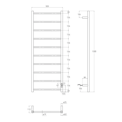 AQUA RONDA електрична рушникосушарка R, прихований монтаж, 120W, 500*1300мм, сталь 304, 10 перемичок коло, таймер, термостат 70°С, de la noche — Photo 1