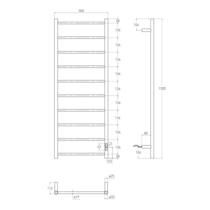 AQUA RONDA електрична рушникосушарка R, прихований монтаж, 120W, 500*1300мм, сталь 304, 10 перемичок коло, таймер, термостат 70°С, de la noche — Photo 1