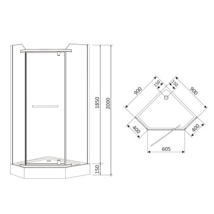 DUCT душ. кабiна 90*90*200 см, п&#039;ятикутна, розпашна, скло прозоре, 8мм, з мiлким пiддоном — Photo 1