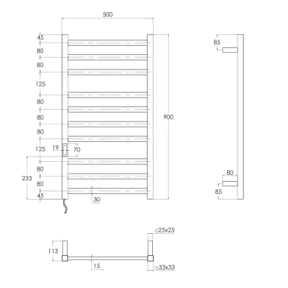 i-HEAT рушникосушарка електро, 120W, 500 * 900мм, AISI 304, 10п. (3-4-3) напівовал, стійки квадрат, таймер, терморегулятор, сталь сатин, лівий — Photo 1