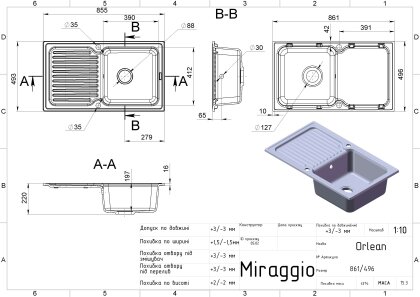 Кухонна мийка ORLEAN біла з 2 отворами під змішувач Miraggio — Photo 1