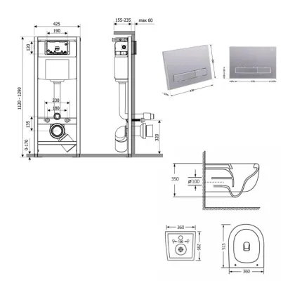 Готове рішення Qtap для ванної кімнати: підвісний унітаз Taurus Ultra Quiet 515×360×350 + комплект інсталяції Nest 4 в 1 (лінійна клавіша Satin) — Photo 1