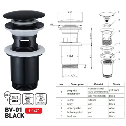 Донний клапан для раковини з переливом ZERIX BV-01 BLACK автоматичний (Click-Clack) (Колір чорний) 1 1/4'' (ZX6016) — Photo 4