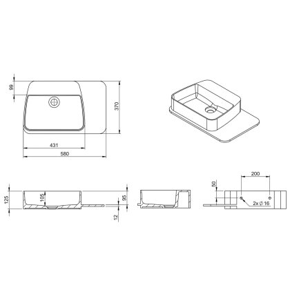 Умивальник 58*37*12,5см підвісний, з поличкою кам&#039;яний Solid surface — Photo 1