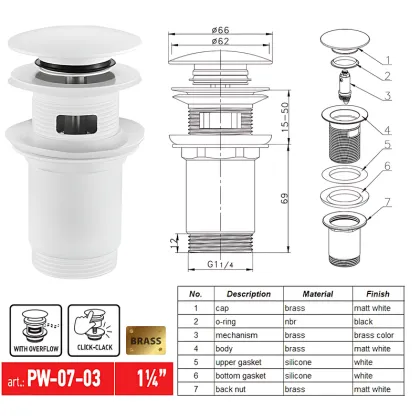 Донний клапан для раковини Koer PW-07-03 1 1/4'' з переливом автоматичний СLICK-СLACK (Колір білий) (KR5783) — Photo 8