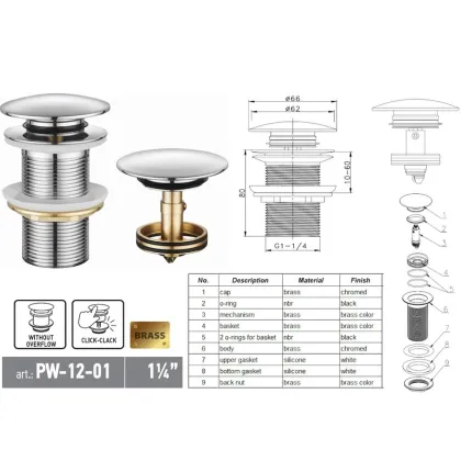 Донний клапан для раковини Koer PW-12-01 1 1/4''  без переливу автоматичний СLICK-СLACK (Колір хром) (KR5798) — Photo 9
