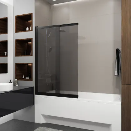 Шторка на ванну двоелементна Style 1000х1500мм black matt, скло 6мм europe grey — Photo 1