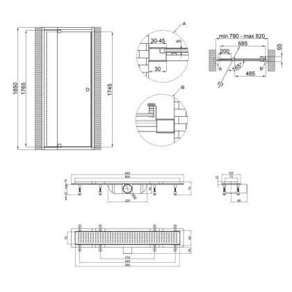 Набір Qtap двері в нішу Pisces WHI208-9.CP5 79-92х185 см, скло Pattern 5 мм + трап лінійний Qtap Dry FB304-600 із сухим закривом та нержавіючою решіткою 600х73 мм — Photo 1