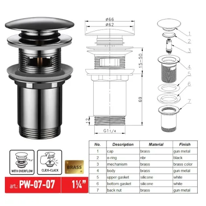 Донний клапан для раковини з переливом KOER PW-07-07 автоматичний (Click-Clack) (Колір графітовий) 1 1/4'' (KR6483) — Photo 6