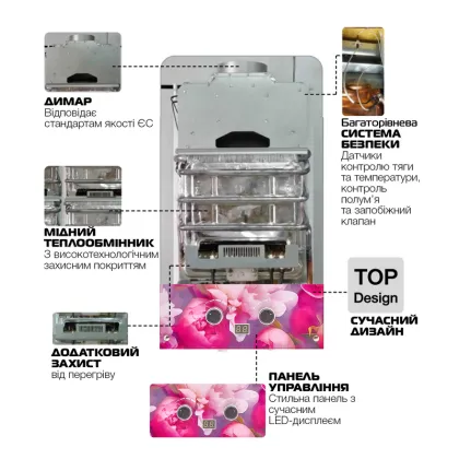 Газова колонка MIXXUS GWH-0410 BASIC GLASS димохідна 10 л/хв (панель зі скла з малюнком) (WH0025) — Photo 1