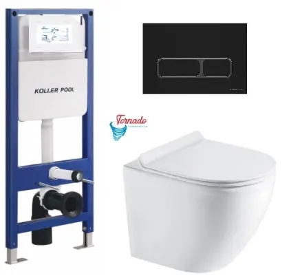 Інсталяція KollerPool AQUA LINE + EDGE Black панель змиву + підвісний унітаз ROUND Smart з сидінням Soft-close ( змив Tornado 3,0 )