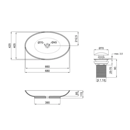 Комплект Qtap Dove: Раковина накладна овальна 680х420х120 мм White + Донний клапан PU02 — Photo 1