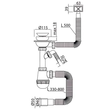 Сифон для кухні Mixxus SK-02-B 3 1/2"x40 з нерж.сіткою, відведенням для пральної машини, гнучким прямок. переливом (MI8195) — Photo 1