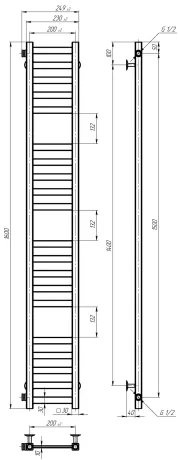 Рушникосушарка водяна Magnus П20 200х1600 Deffi нержавіюча сталь (Хром, Бокове ліве підключення) — Photo 2