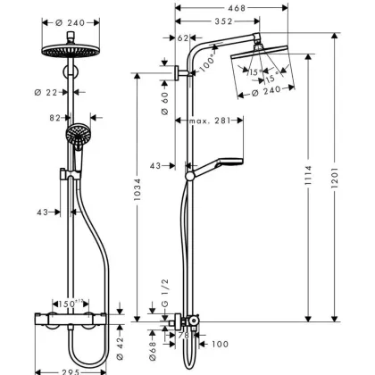 Crometta S Душова система Showerpipe 240 1jet, EcoSmart, 9 л/хв, хром — Photo 1
